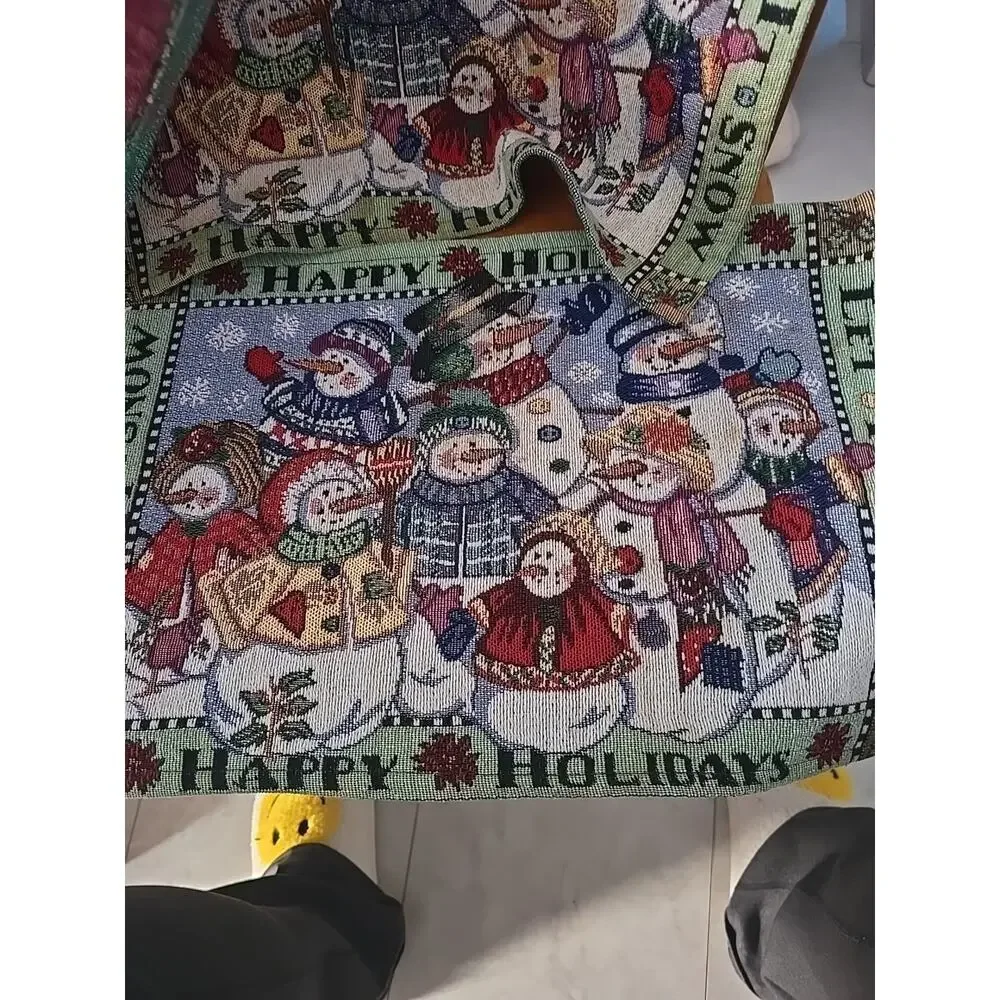 Lot of 4‎ Vtg Happy Holidays Christmas Snowman Snow People Tapestry Placemats